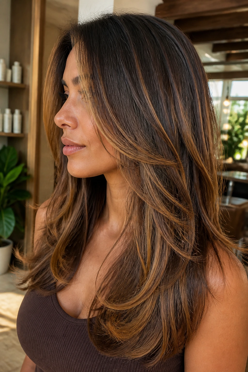 Close-up of long hair with caramel ribbons through mid-lengths and ends on a medium brown base.