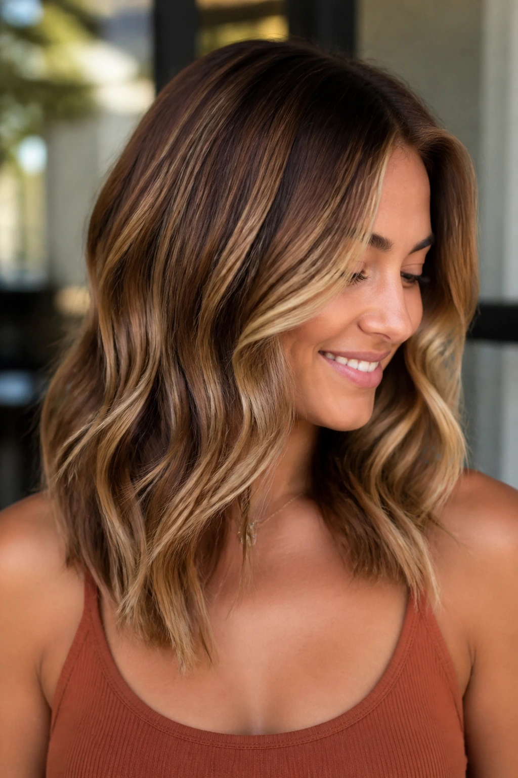 Woman with caramel ribbon layered hair outdoors in daylight
