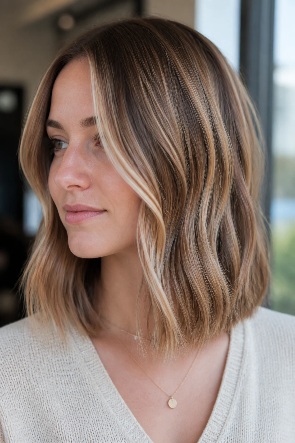 Portrait showing caramel ribbon highlights on a lob hairstyle