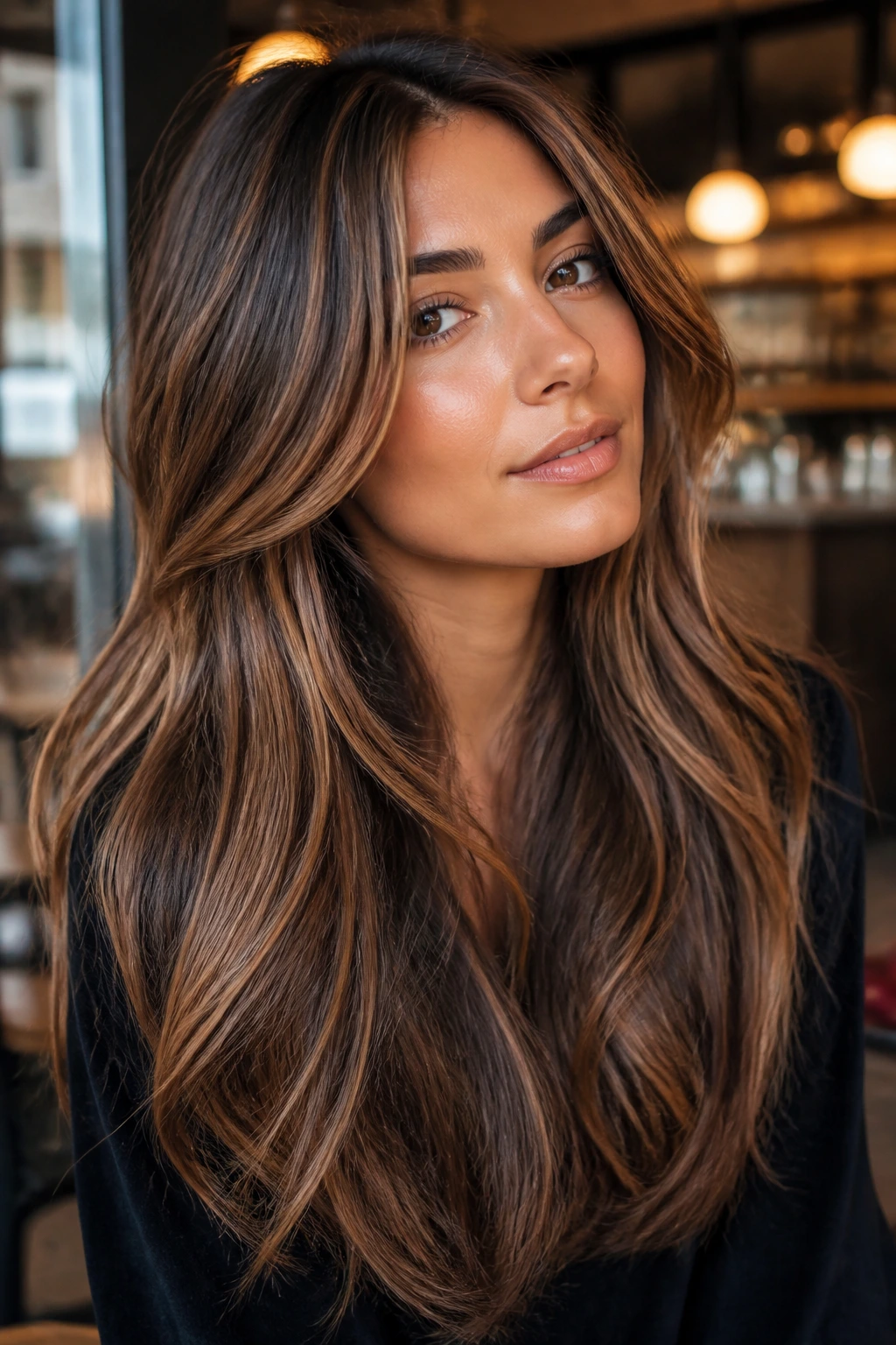 Olive-skinned person with caramel ribbons woven into long layered hair