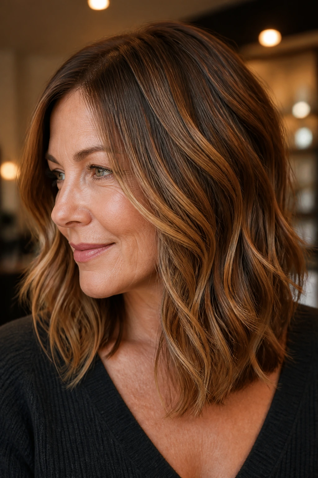 Close-up of a real woman with caramel ribbon highlights on mid-length hair