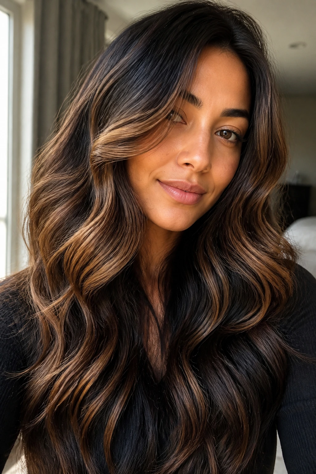 Close-up of a real woman with dark wavy hair and caramel ribbons framing the face in natural window light.