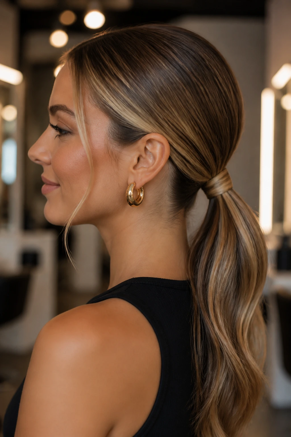 Close-up portrait of a real woman with sleek low ponytail and caramel ribbons