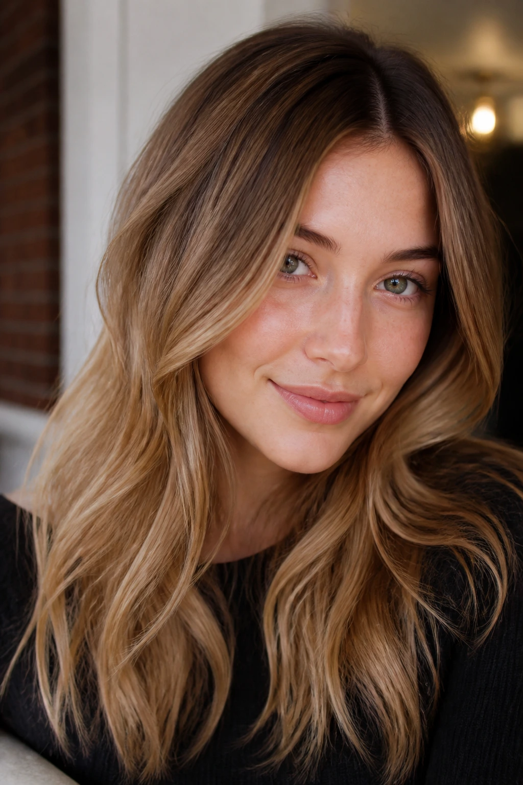 Close-up portrait of a person with caramel root melt hair on pale skin.