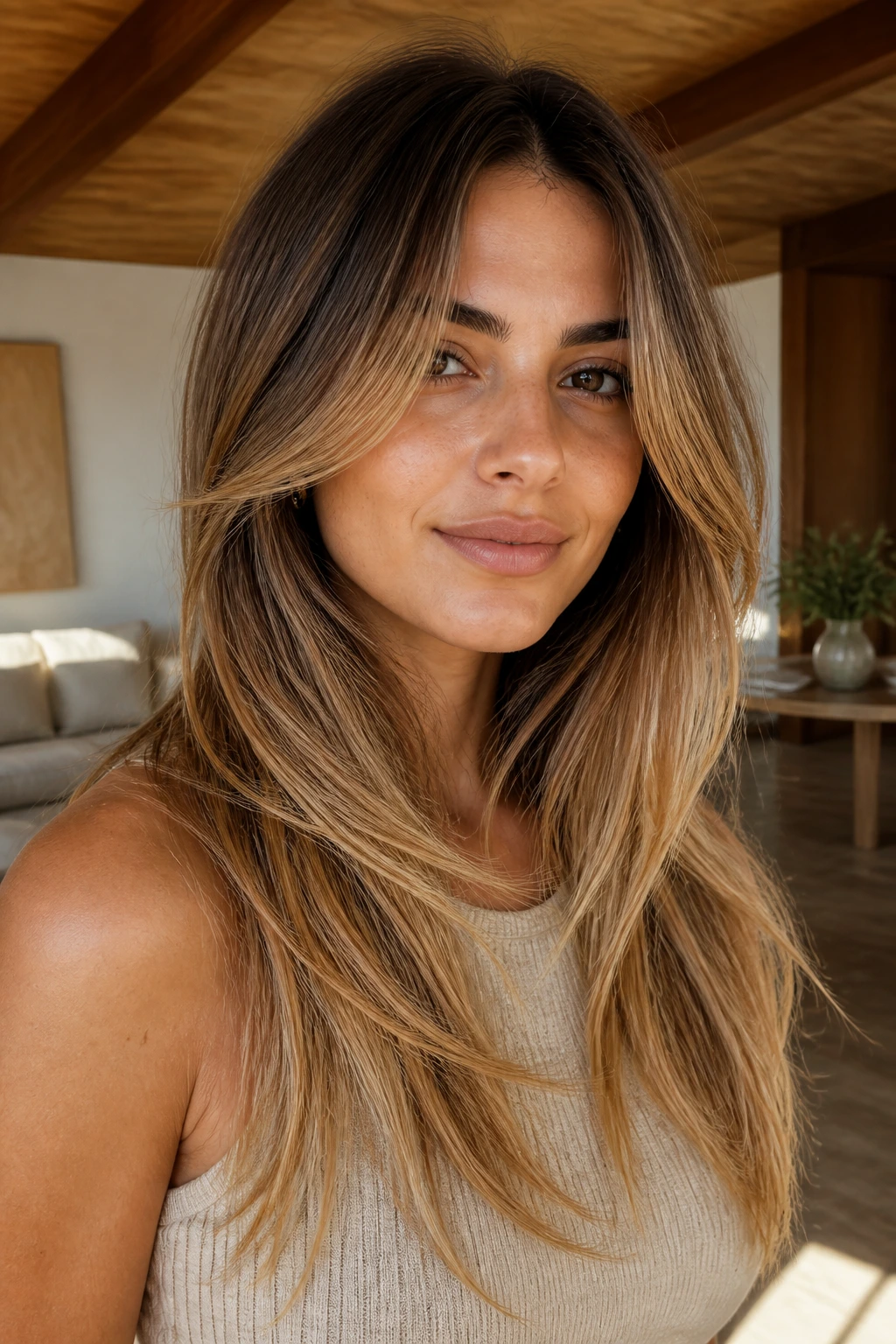 Close-up of caramel root melt with long layers on olive skin.