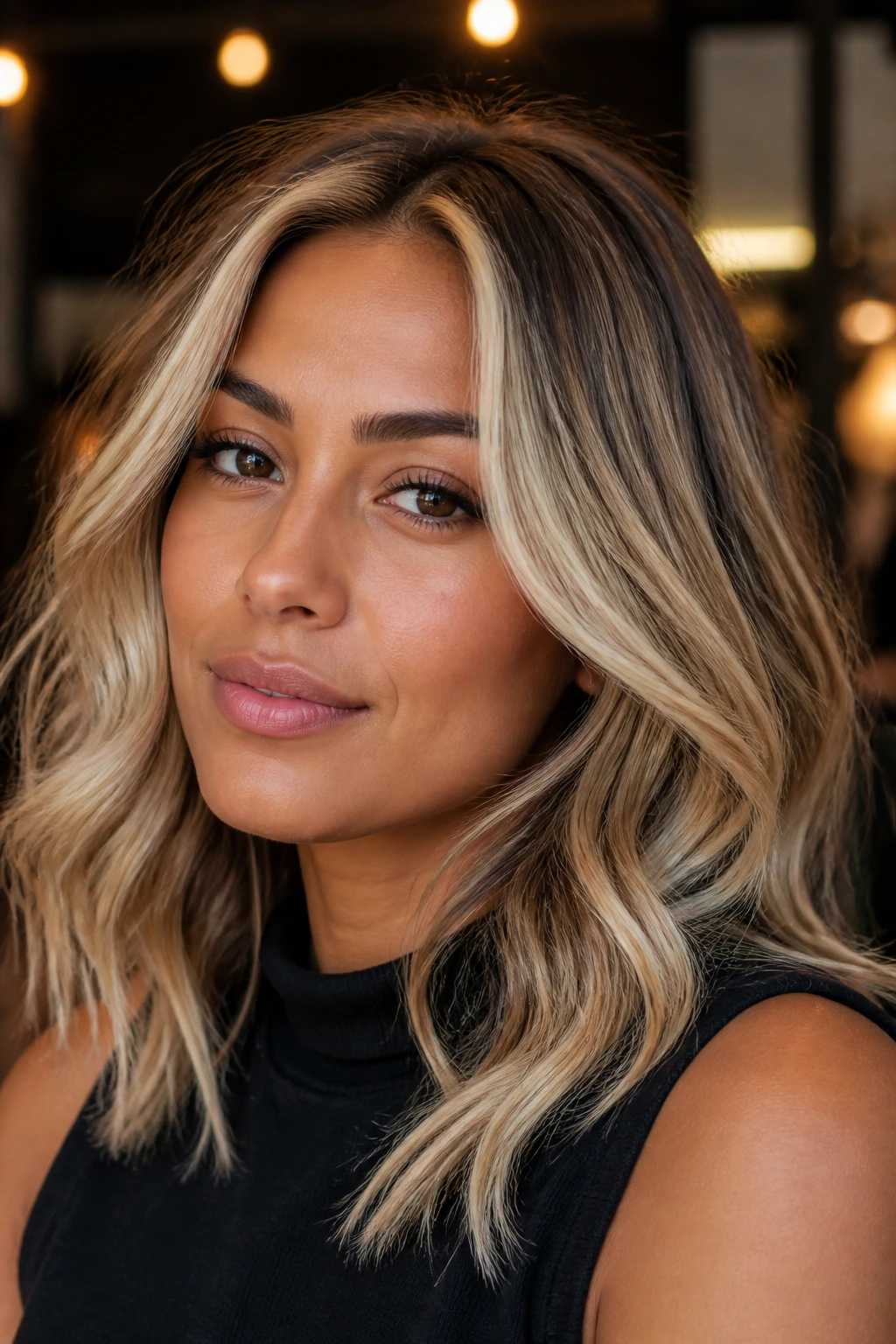 Portrait of a medium skin tone woman with caramel-rooted face-framing blonde