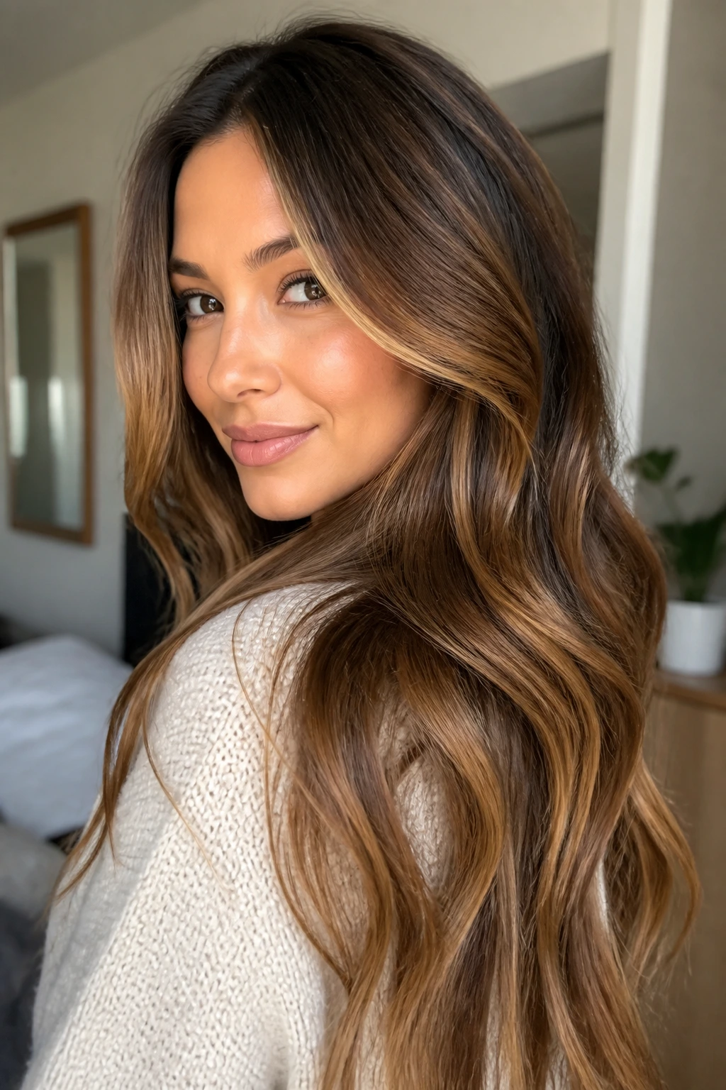 Portrait showing caramel shade choices on base color in hair