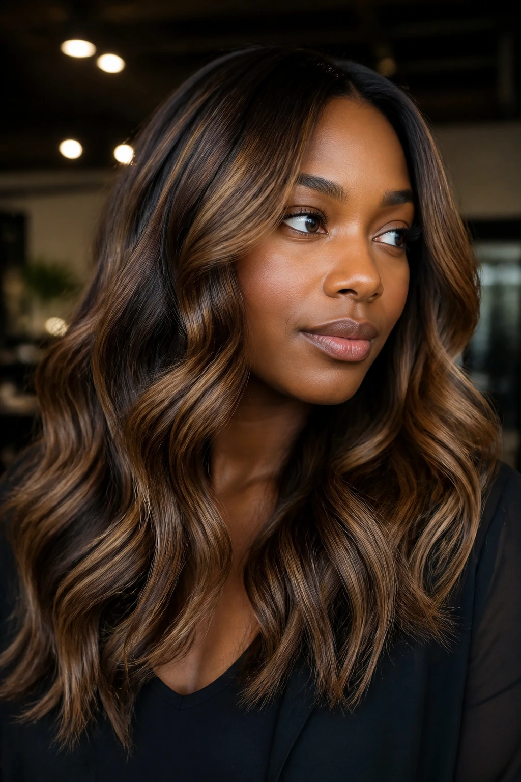 Close-up of deep brown caramel hair with rich depth