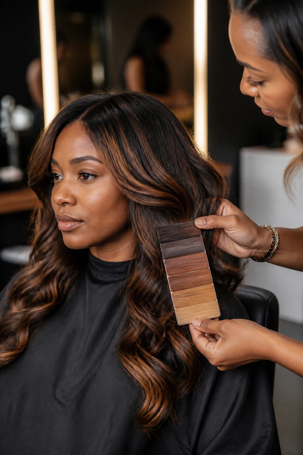 Salon scene showing a client in a chair during shade picking for caramel highlights