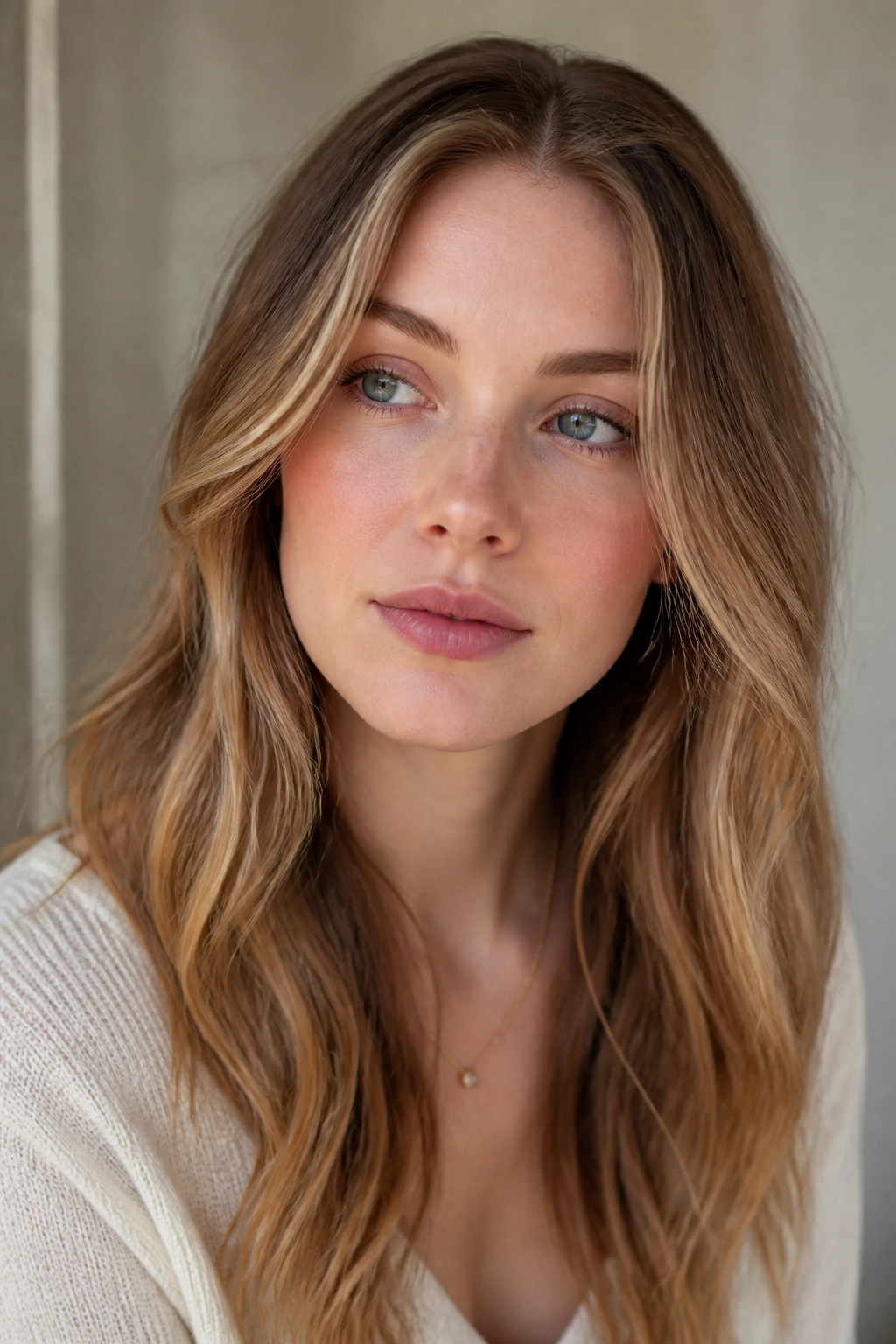 Portrait showing beige caramel shade on pale skin