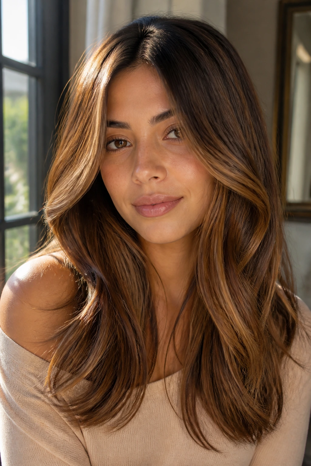 Close-up of caramel brown hair with rooted depth and controlled warmth