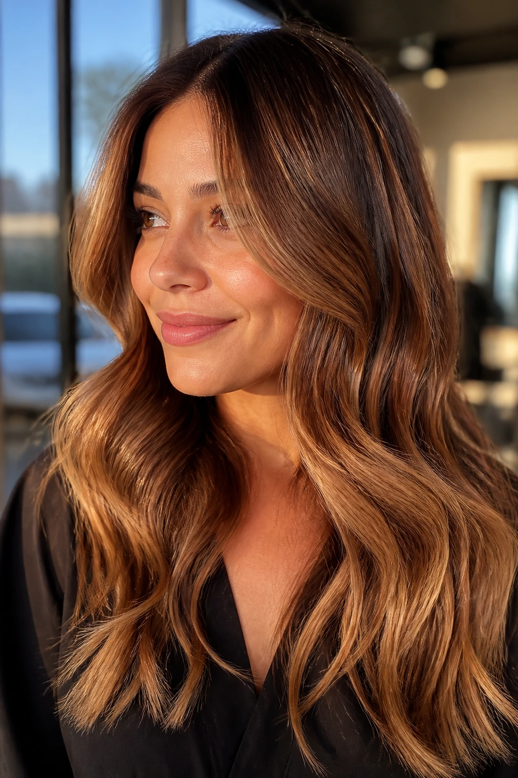 Close-up of warm caramel hair on a real person in a sunlit salon