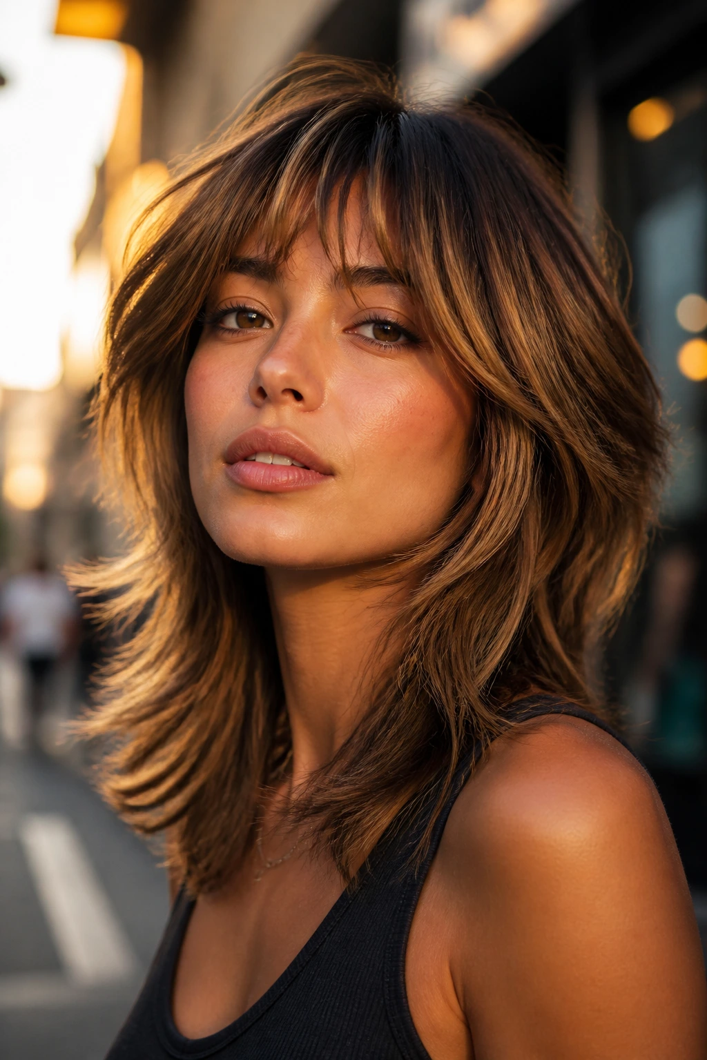 Close-up portrait of a real woman with caramel-streaked feathered shag