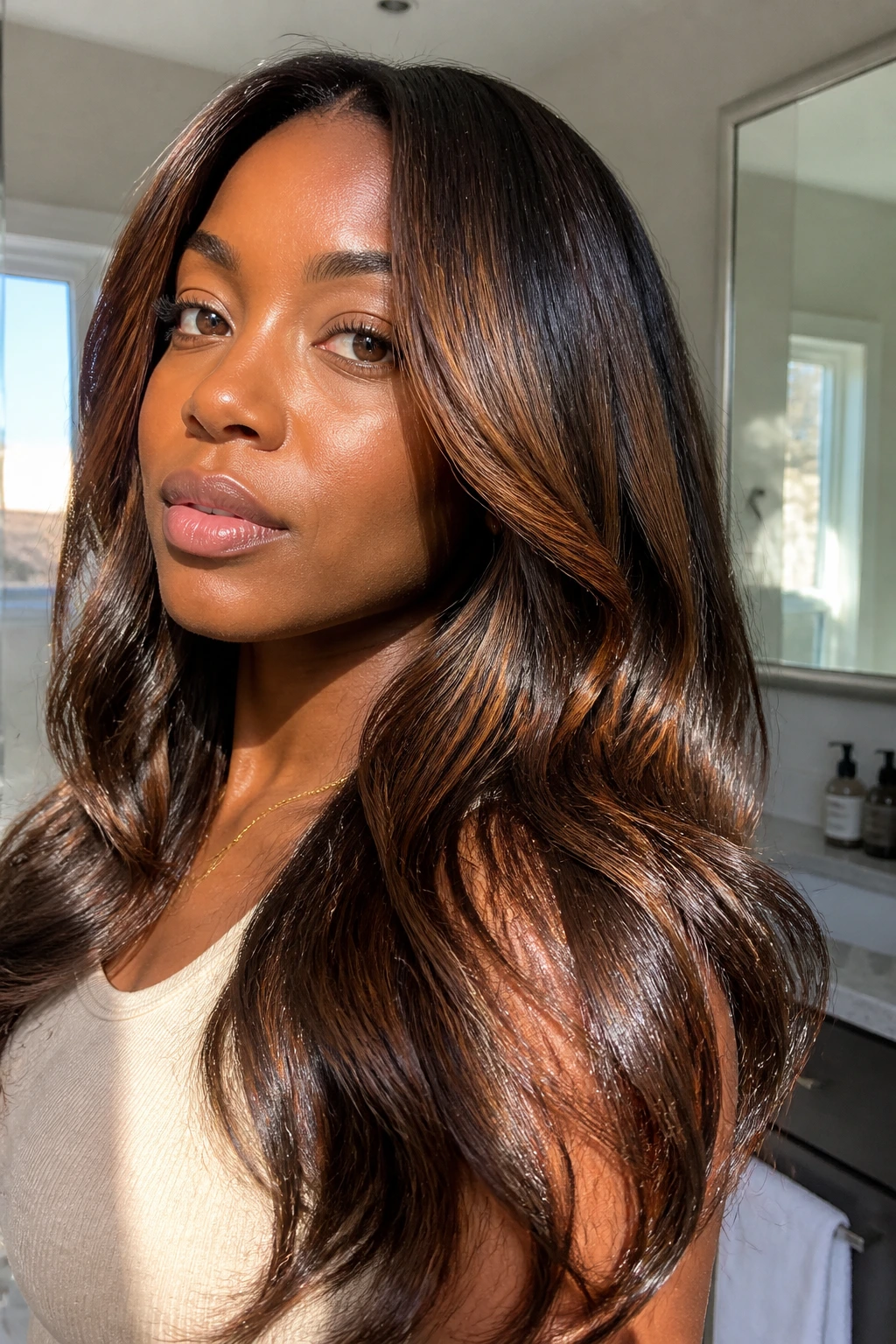 Close-up of glossy caramel hair with smooth ends on a real person