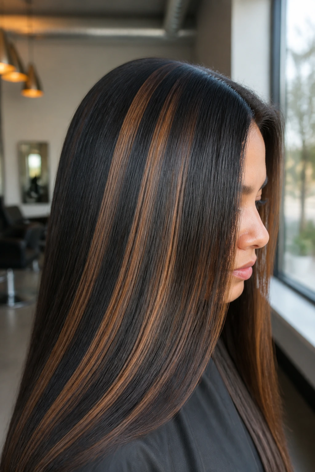 Straight dense hair with wide caramel slices on crown and sides