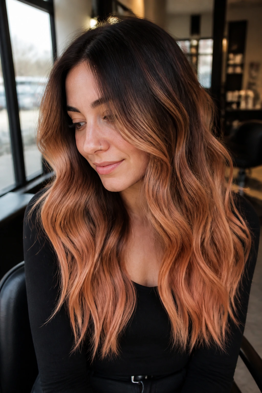 Real woman with root melt from dark to caramel to strawberry-blonde ends.