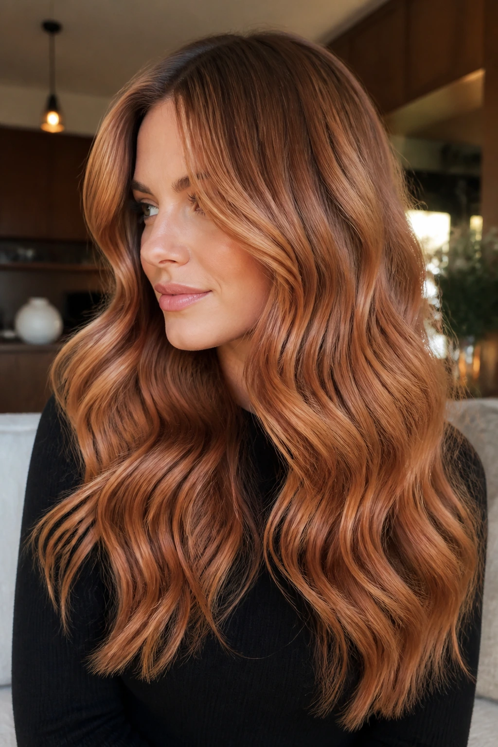 Medium shot of a real woman with caramel strawberry waves in warm living room light