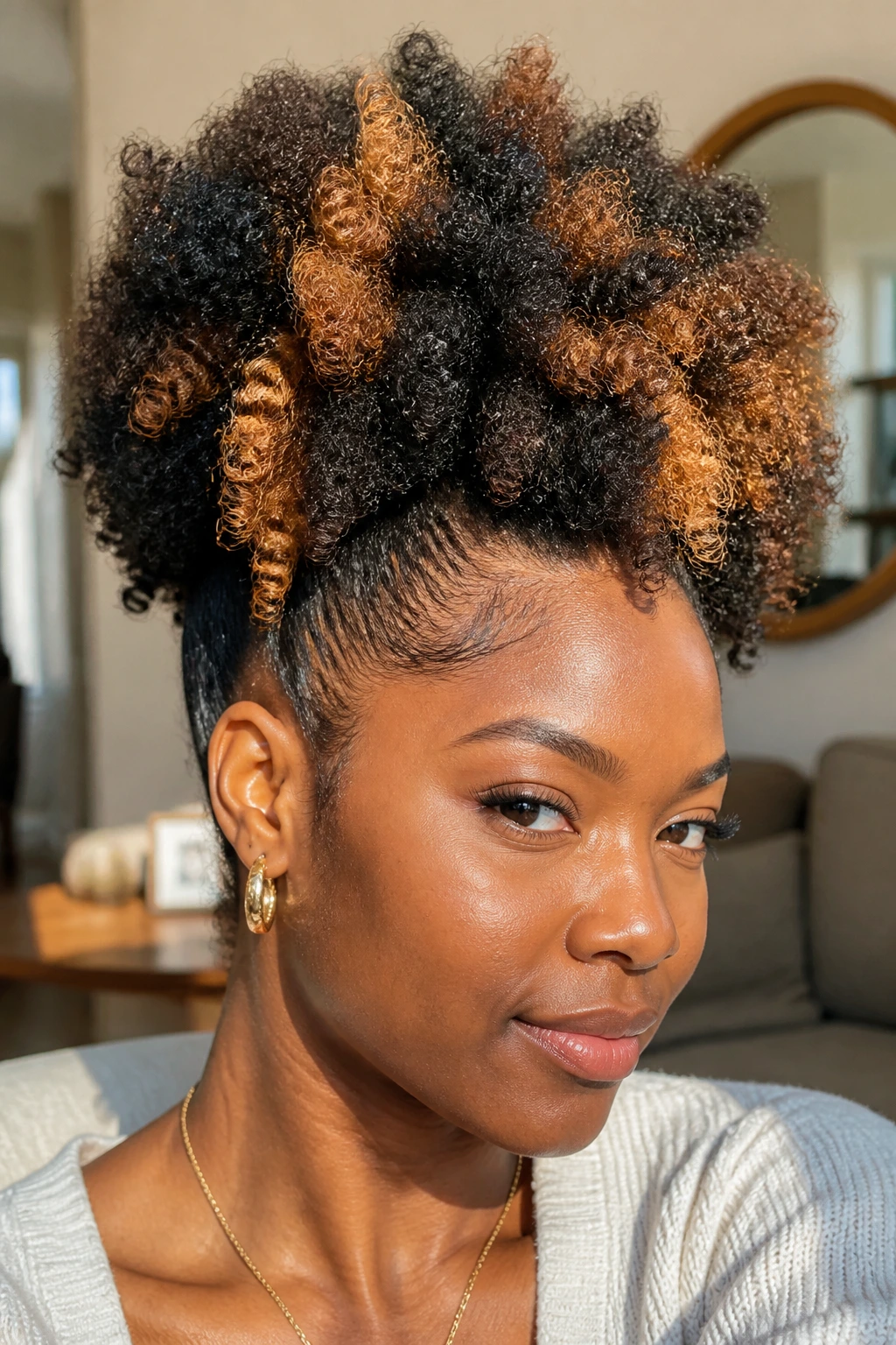 Close-up of a real person with chunky caramel streaks in a 4C puff, warm natural light.