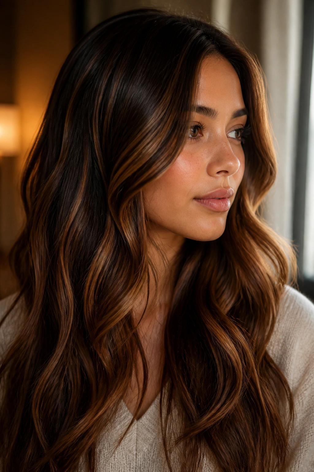 Close-up of a real woman with burnt sugar caramel streaks in dark brown hair, moody lighting