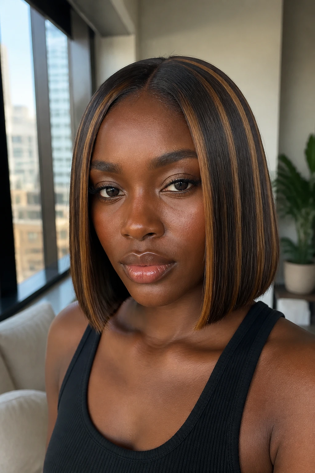 Portrait of a real person with caramel-striped bob on deep skin.