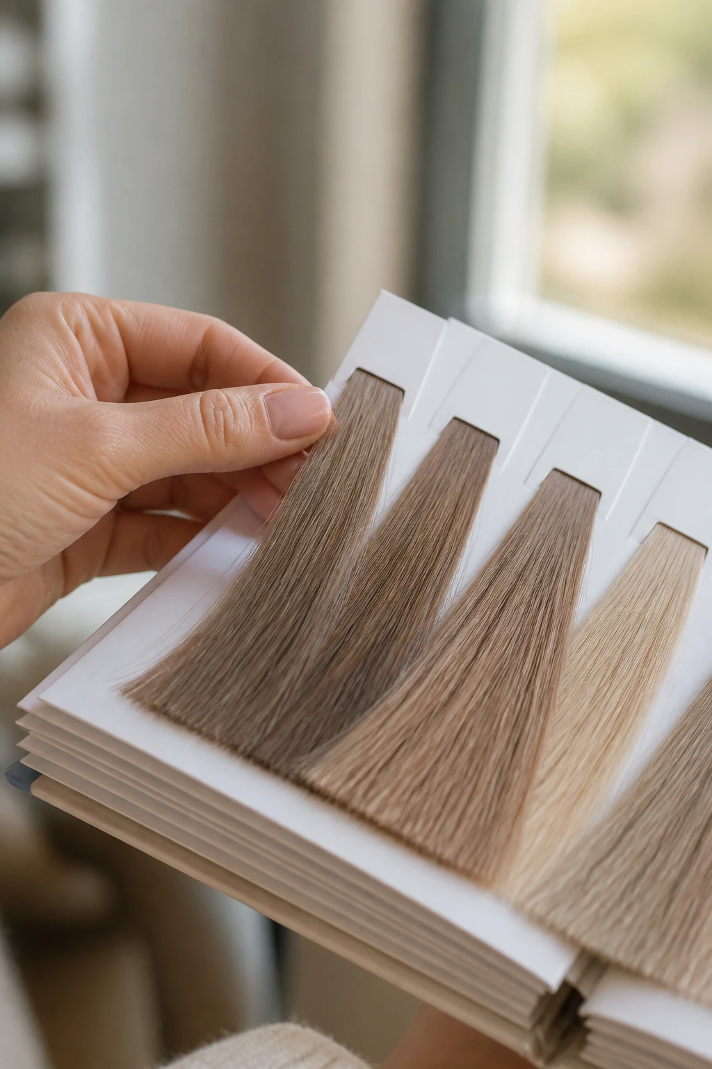 Hand turning through caramel swatches in natural daylight