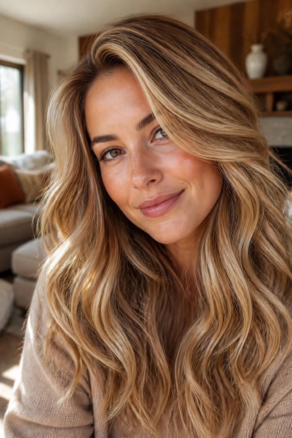Close-up portrait of a real woman with caramel swirl blonde highlights and lowlights