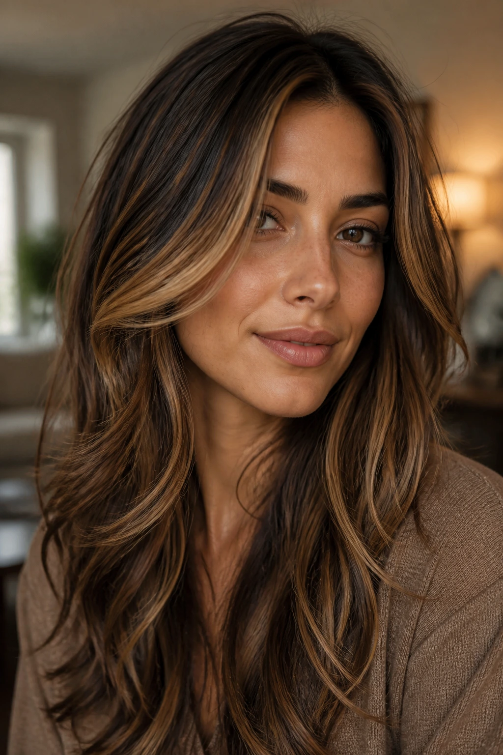 Close-up portrait of real woman with caramel swirl brunette and face-framing caramel pieces on olive skin