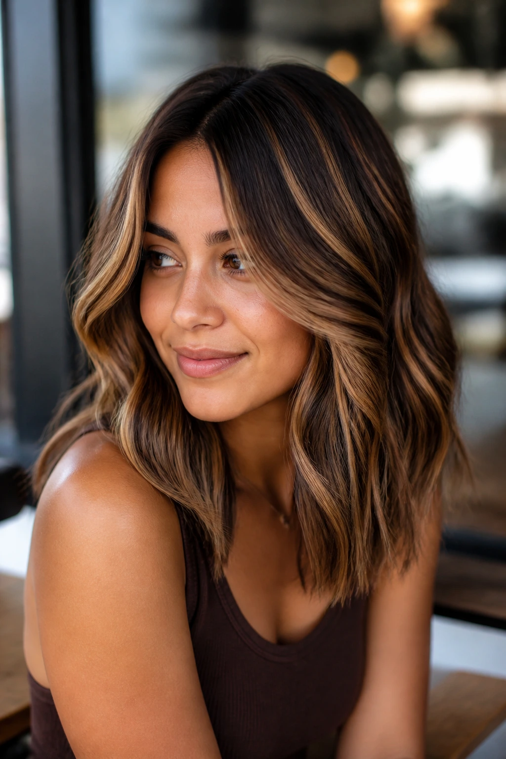 Portrait showing caramel swirl highlights and lowlights on layered hair