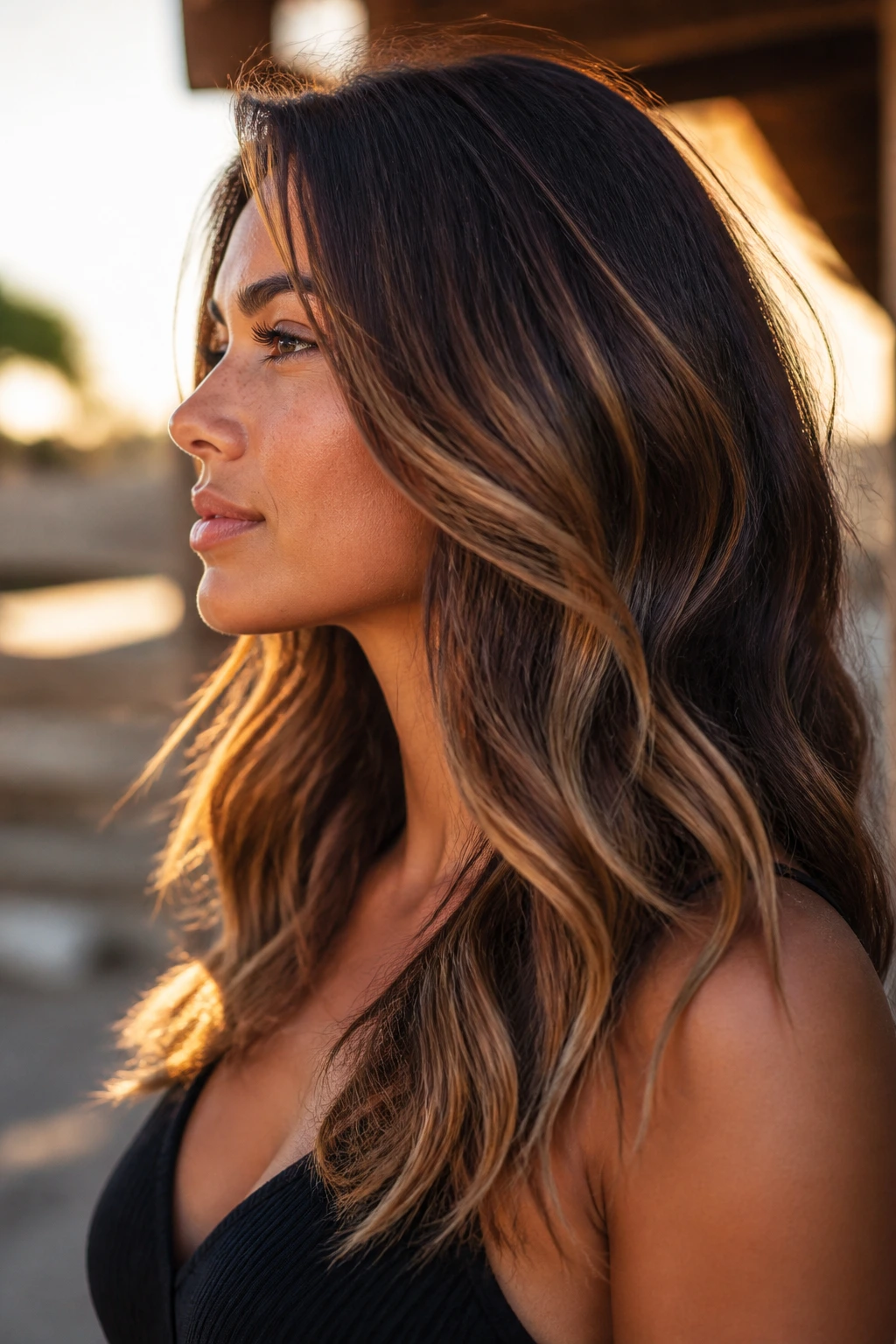 Woman with varied brunette highlights including caramel and taupe.