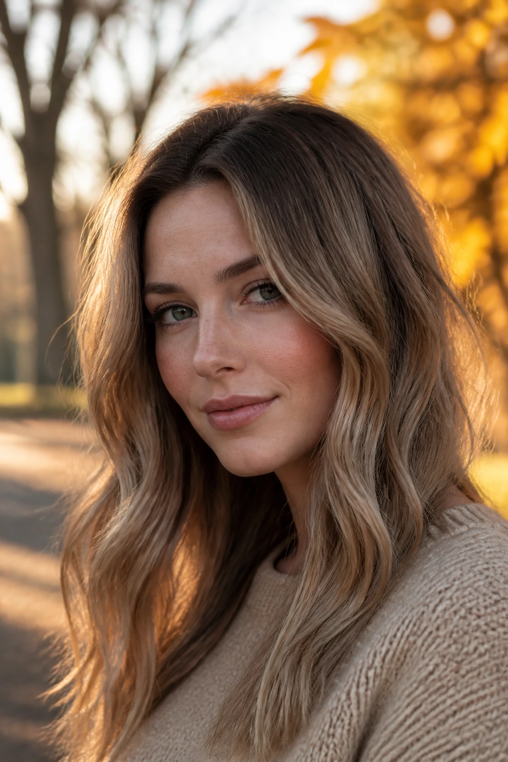 Close-up portrait of a real woman with Caramel-Tea Dark Blonde hair in golden hour light