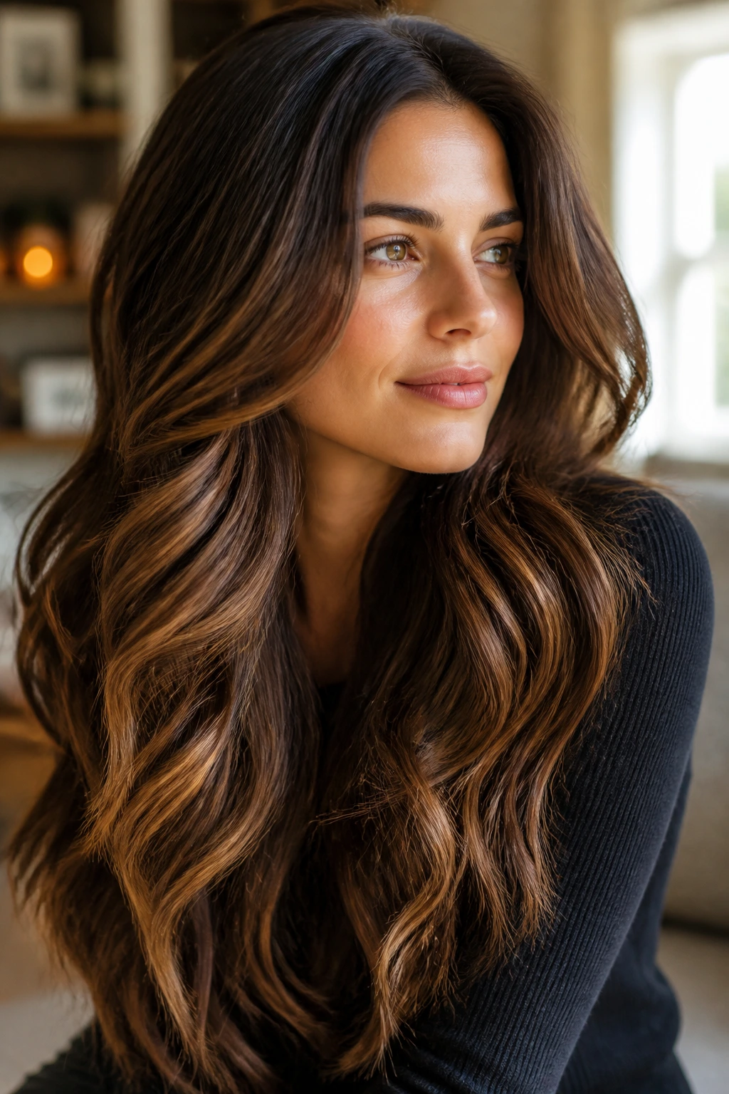Brunette base color with caramel tones chosen for base color