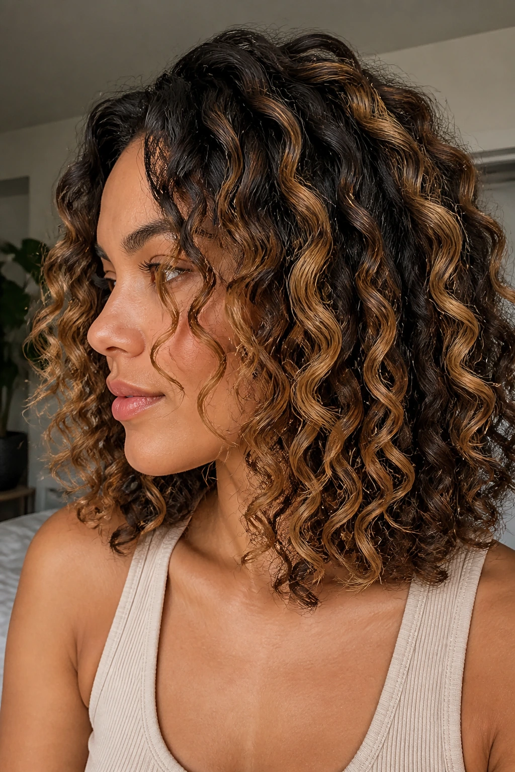 Close-up of hair showing caramel tones and base color