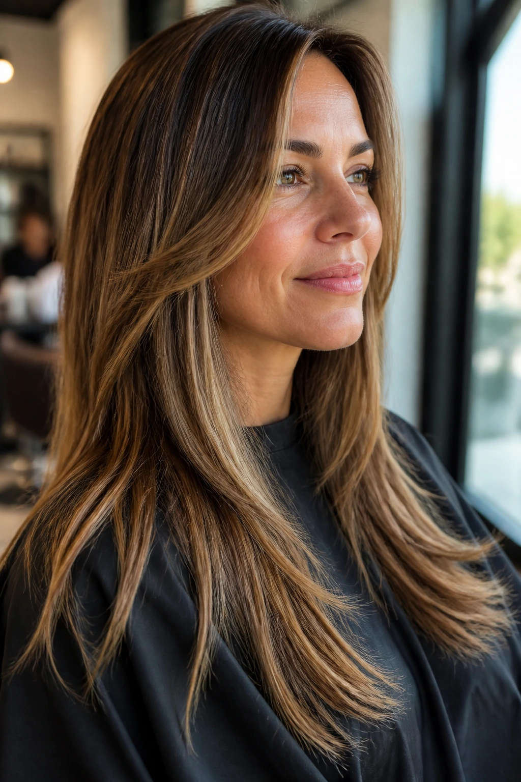 Portrait of a real woman in a salon chair with movement-friendly layered hair and caramel tones