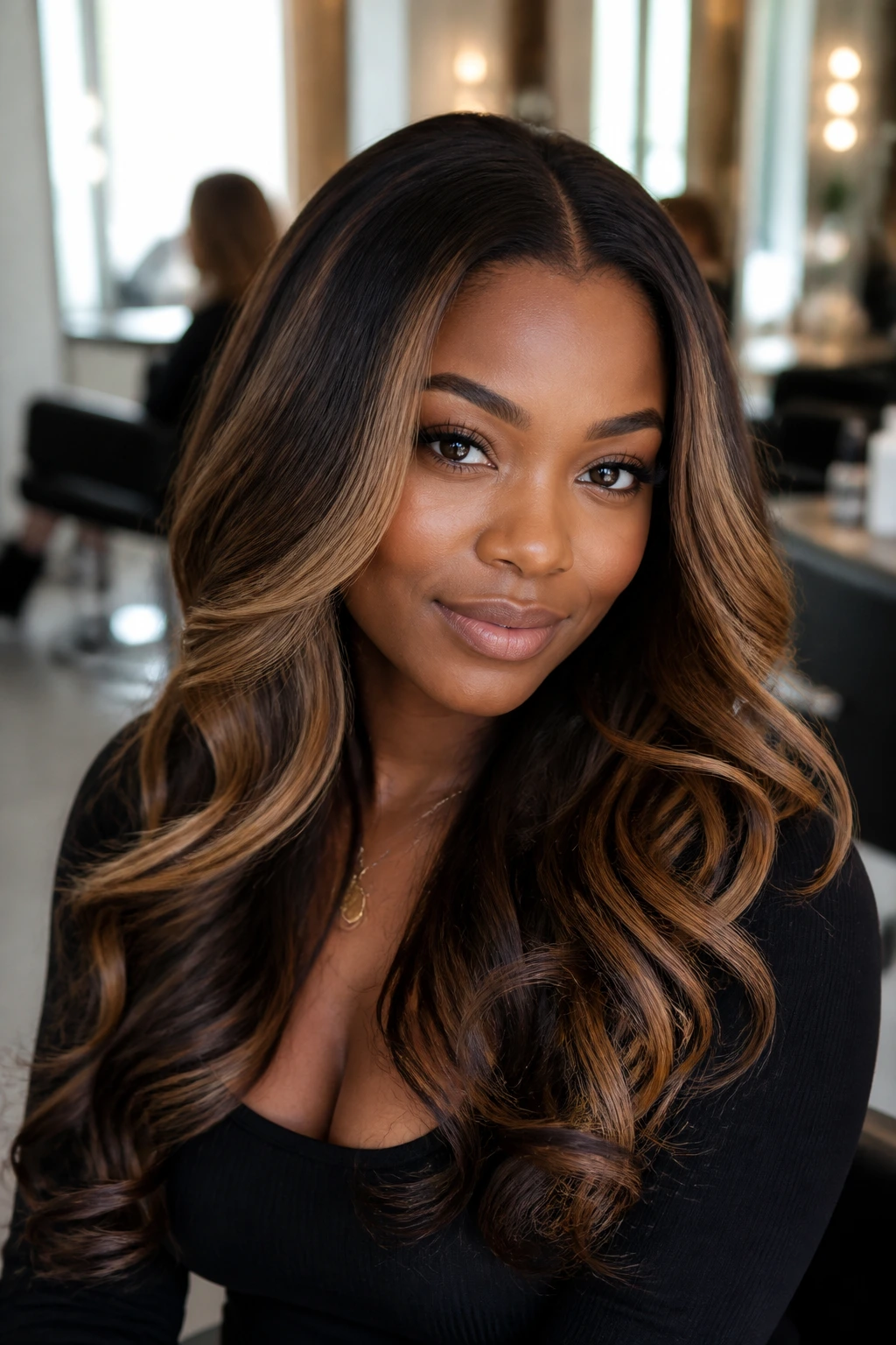 Portrait showing warm caramel tones blended into brown hair at the salon