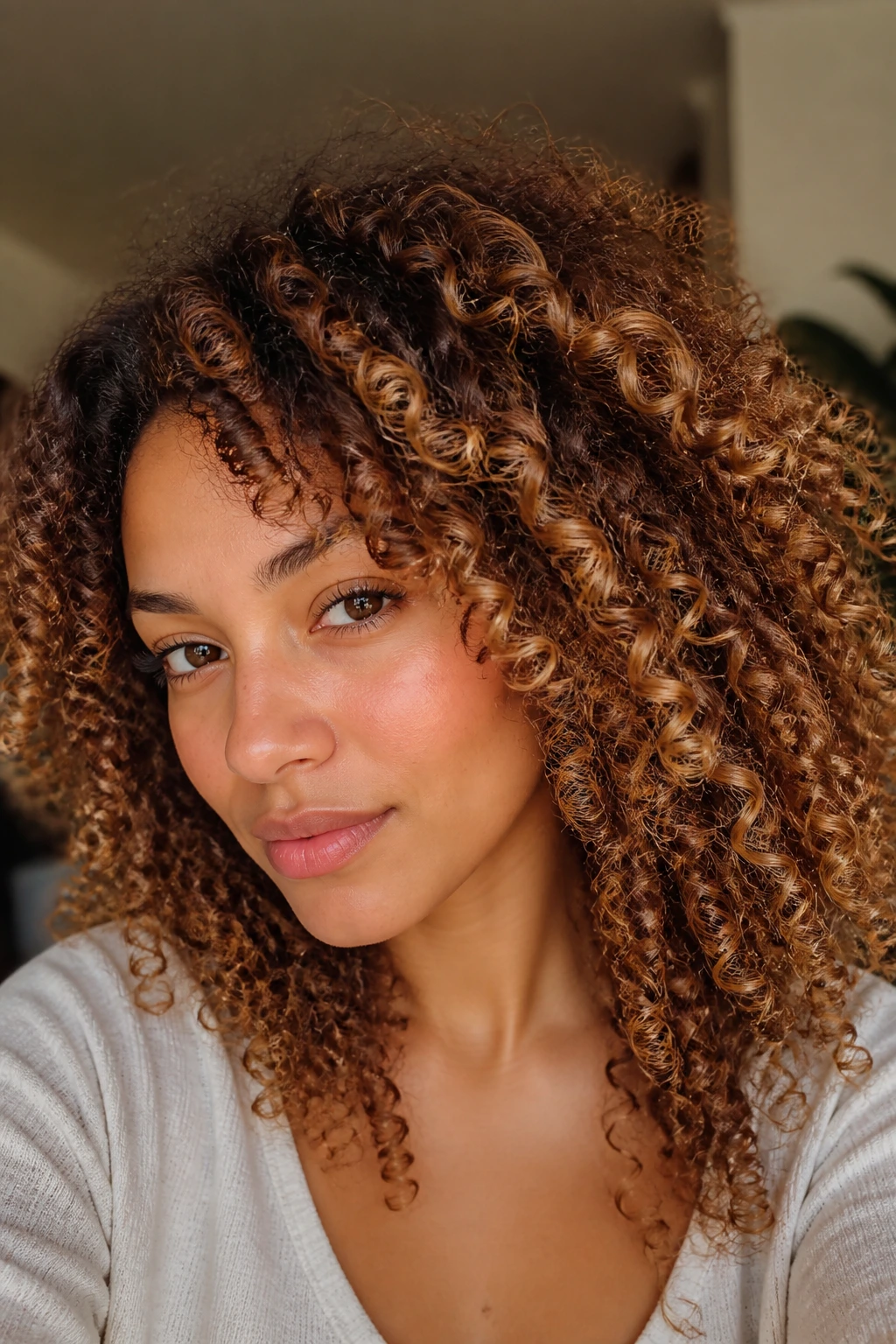 Close-up of curly hair with caramel tones near the face