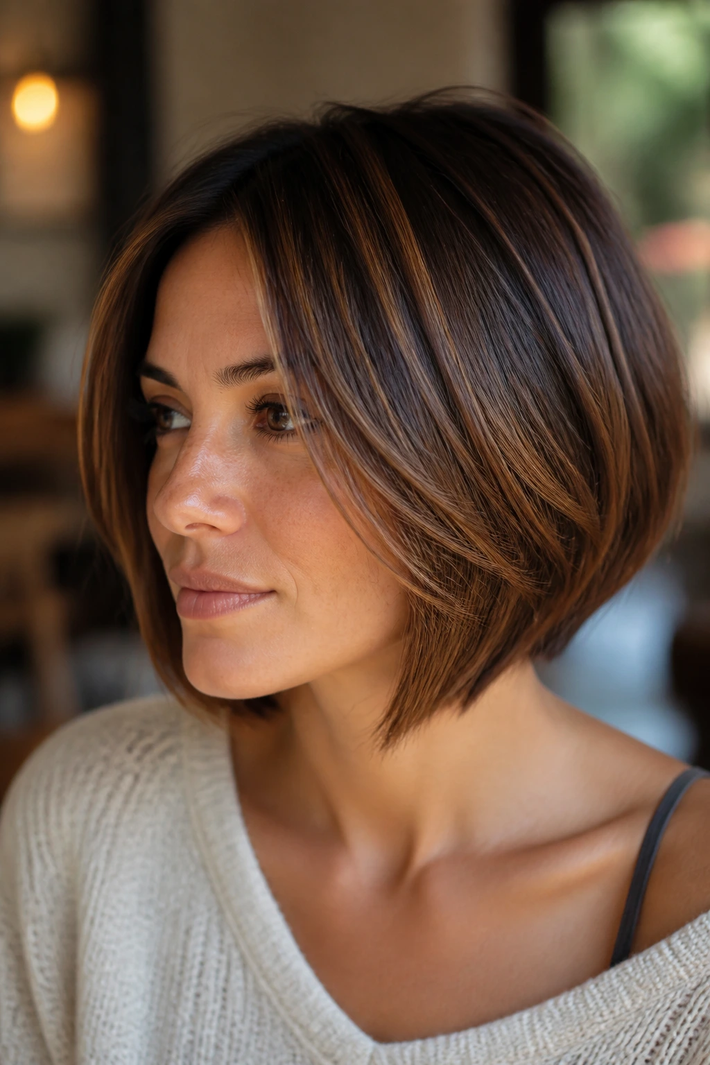 Close-up of a real woman with brunette hair and caramel highlights in natural light