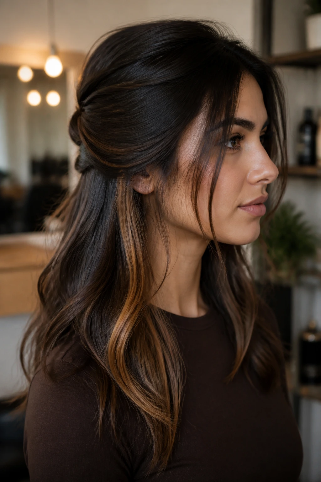 Close-up of a real woman with deep brunette hair and caramel underlights visible in a half-up style