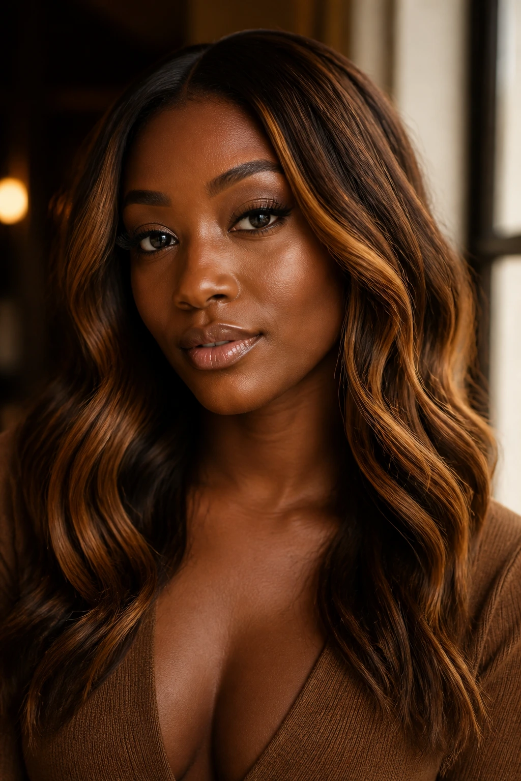 Close-up of hair with warm caramel undertones on deep skin