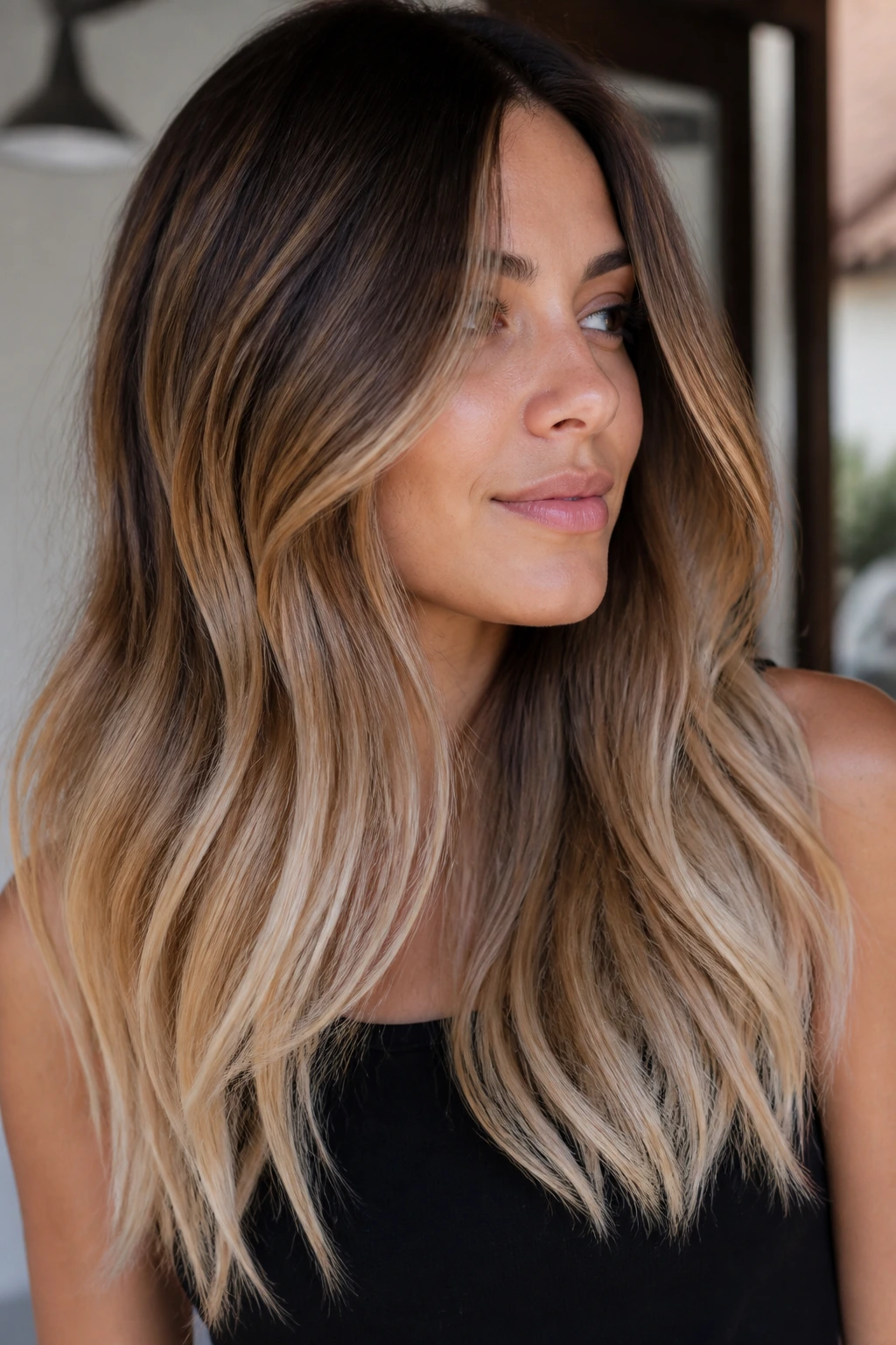 Caramel to vanilla balayage on brunette hair