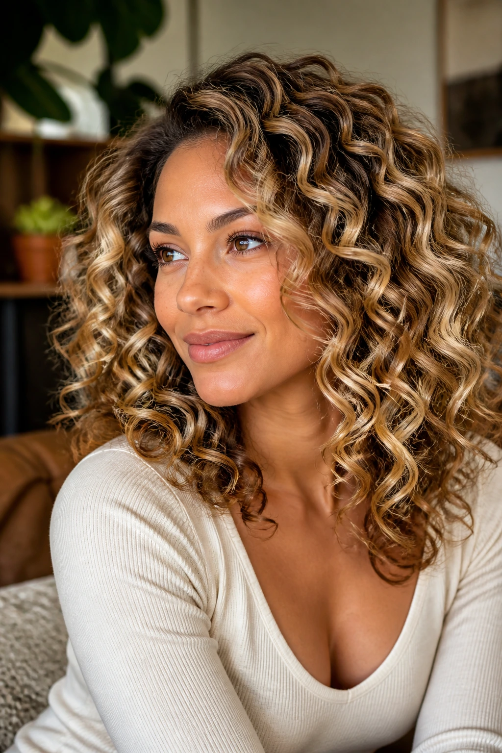 Real woman with caramel and vanilla ribbon curls in warm living room light