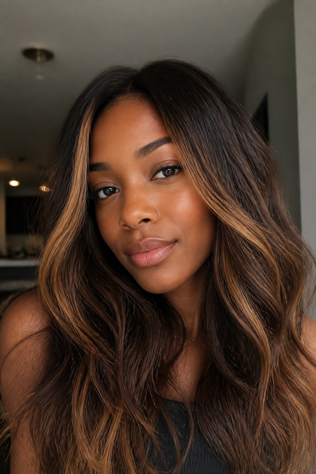Close-up of hair showing warm honey caramel around the face on dark brown base