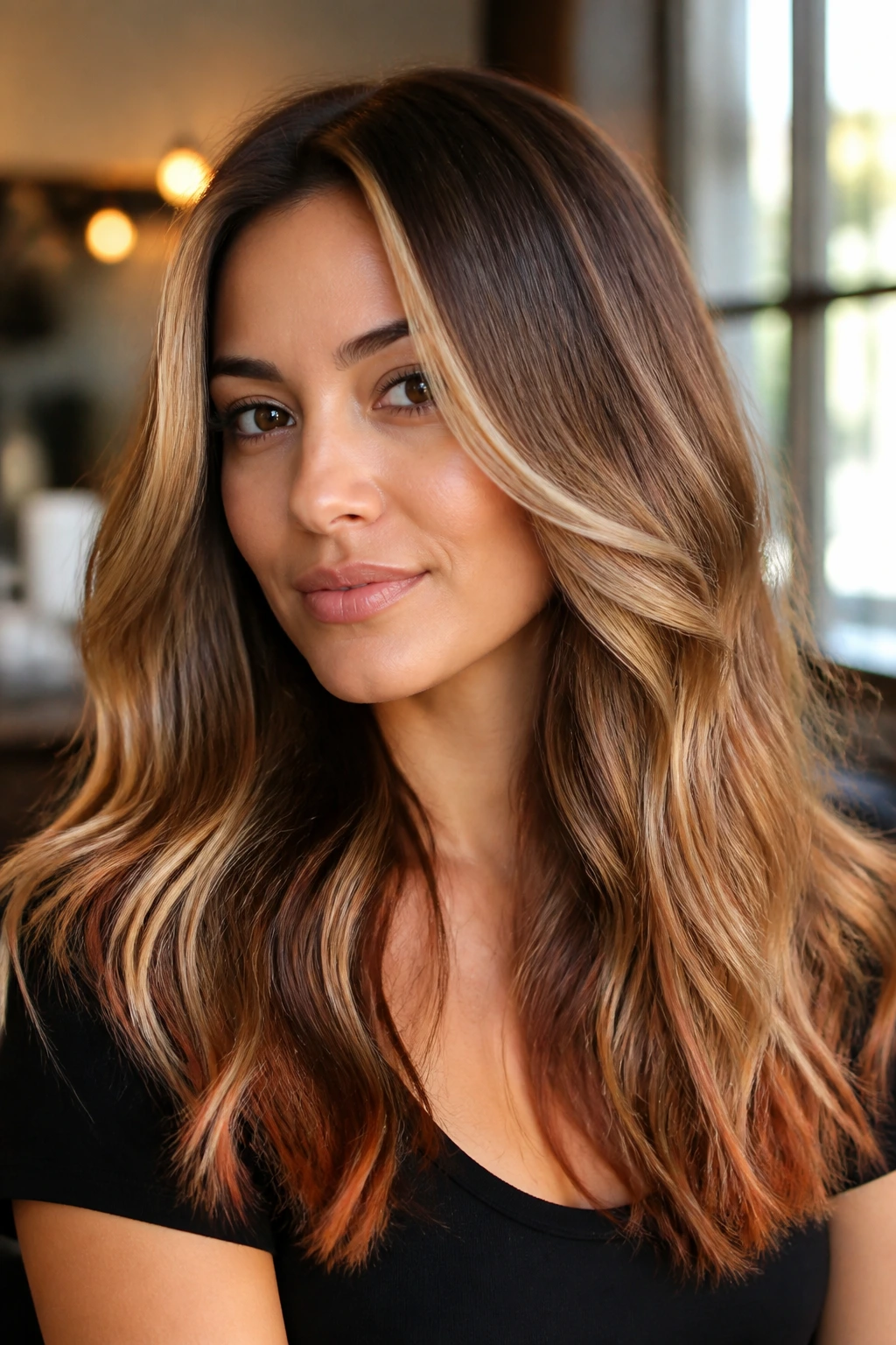 Real person with multi-tonal caramel hair showing ribbons and bronze/beige/copper tones