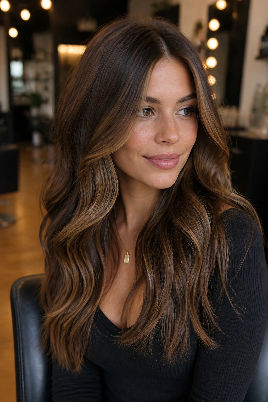 Brunette with root melt and caramel through mid-lengths in a salon setting
