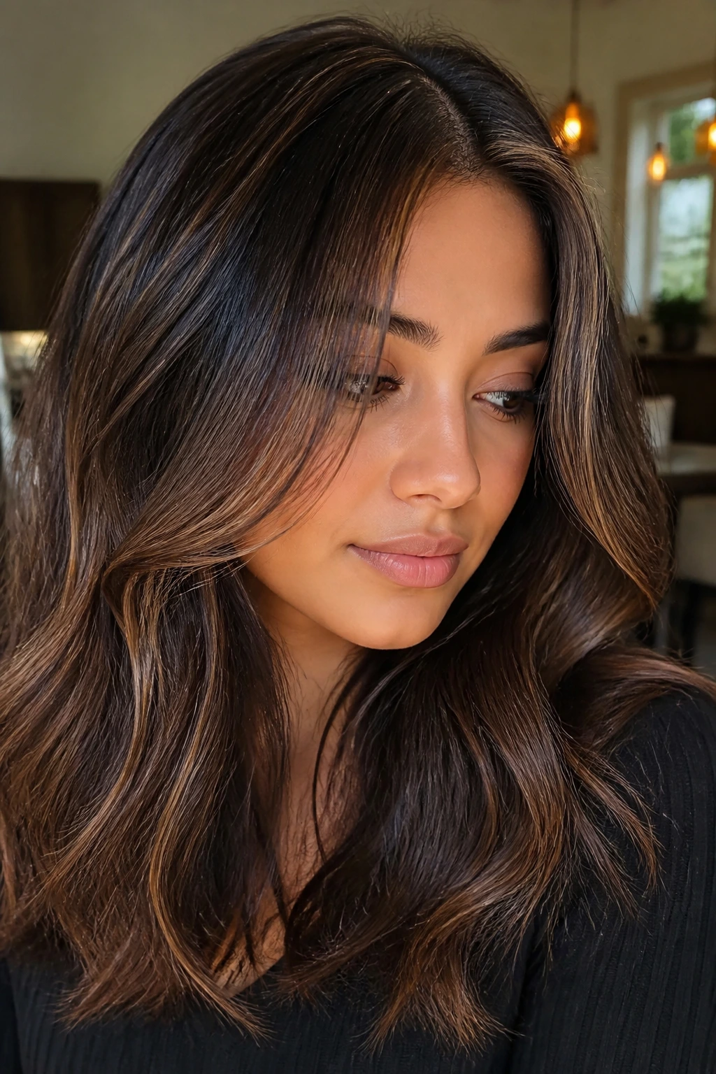 Close-up of brunette hair with bronze and beige caramel variations