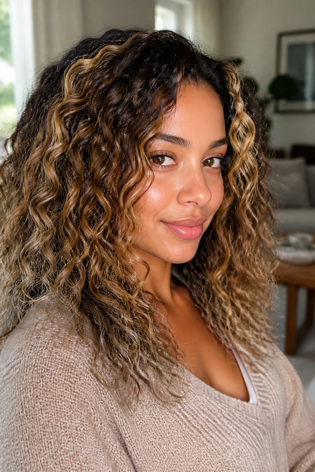 Close-up of a real person with curly hair displaying varied caramel tones on front, crown, and ends