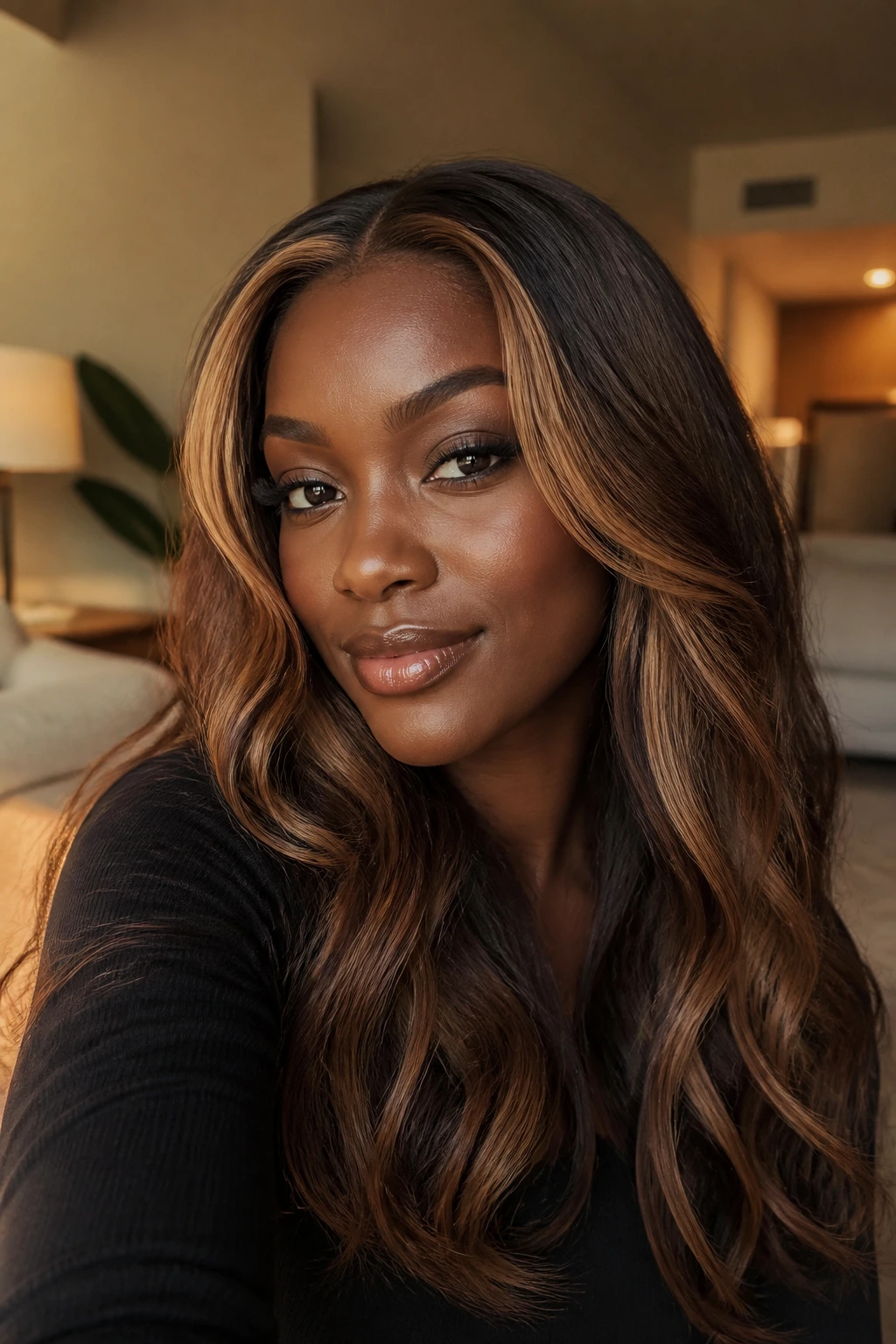 Portrait of deep-skinned woman with caramel face-framing highlights in warm light