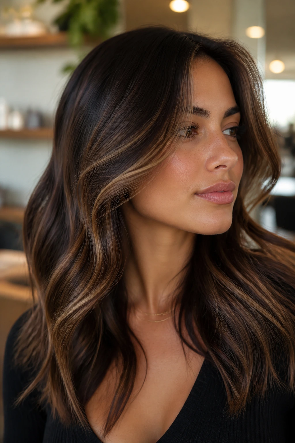 Close-up of brunette with multi-tonal caramel highlights around the face