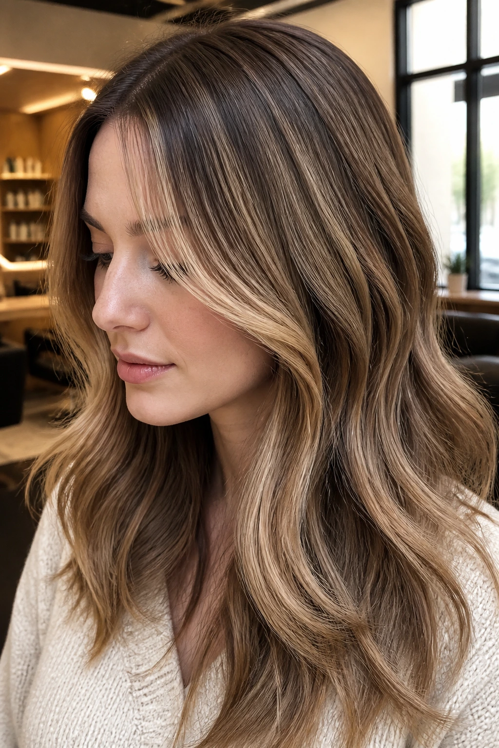 Portrait showing caramel variation: cool beige caramel, honey drift, smoky mushroom tones in hair