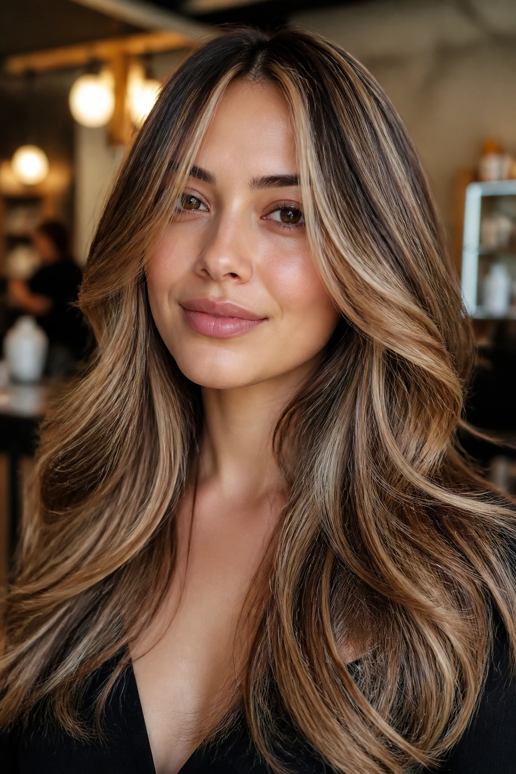 Close-up of a person showing mocha-caramel blend and face-framing caramel highlights