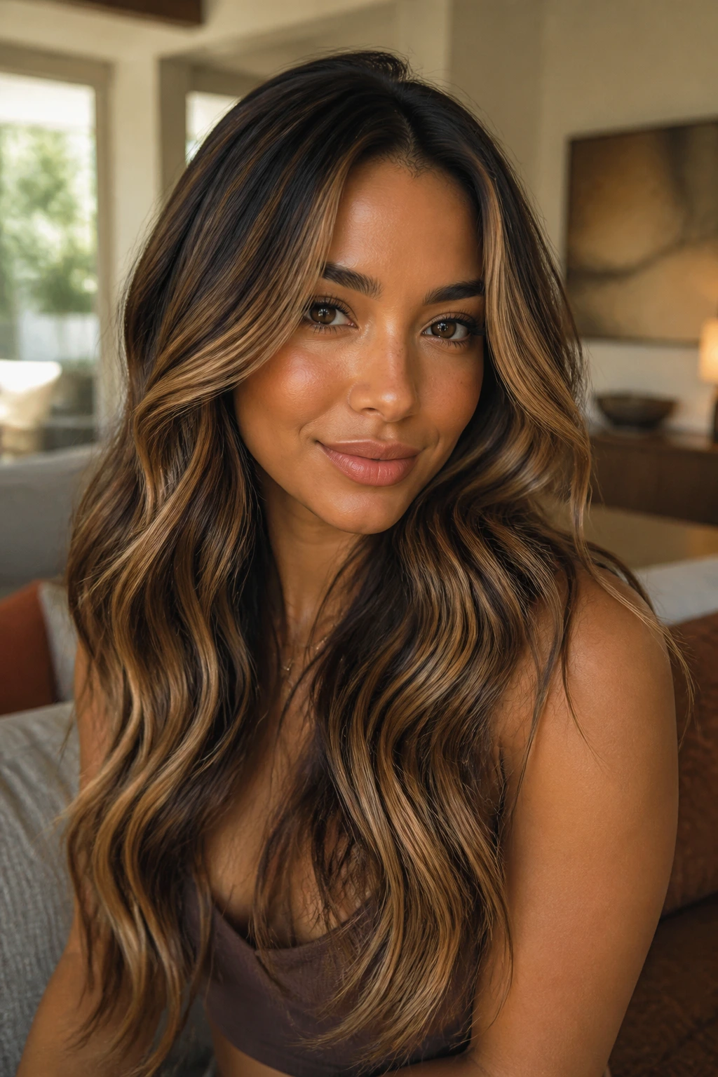 Close-up of a real person with caramel hair showing honey ribbons for dimensional warmth.